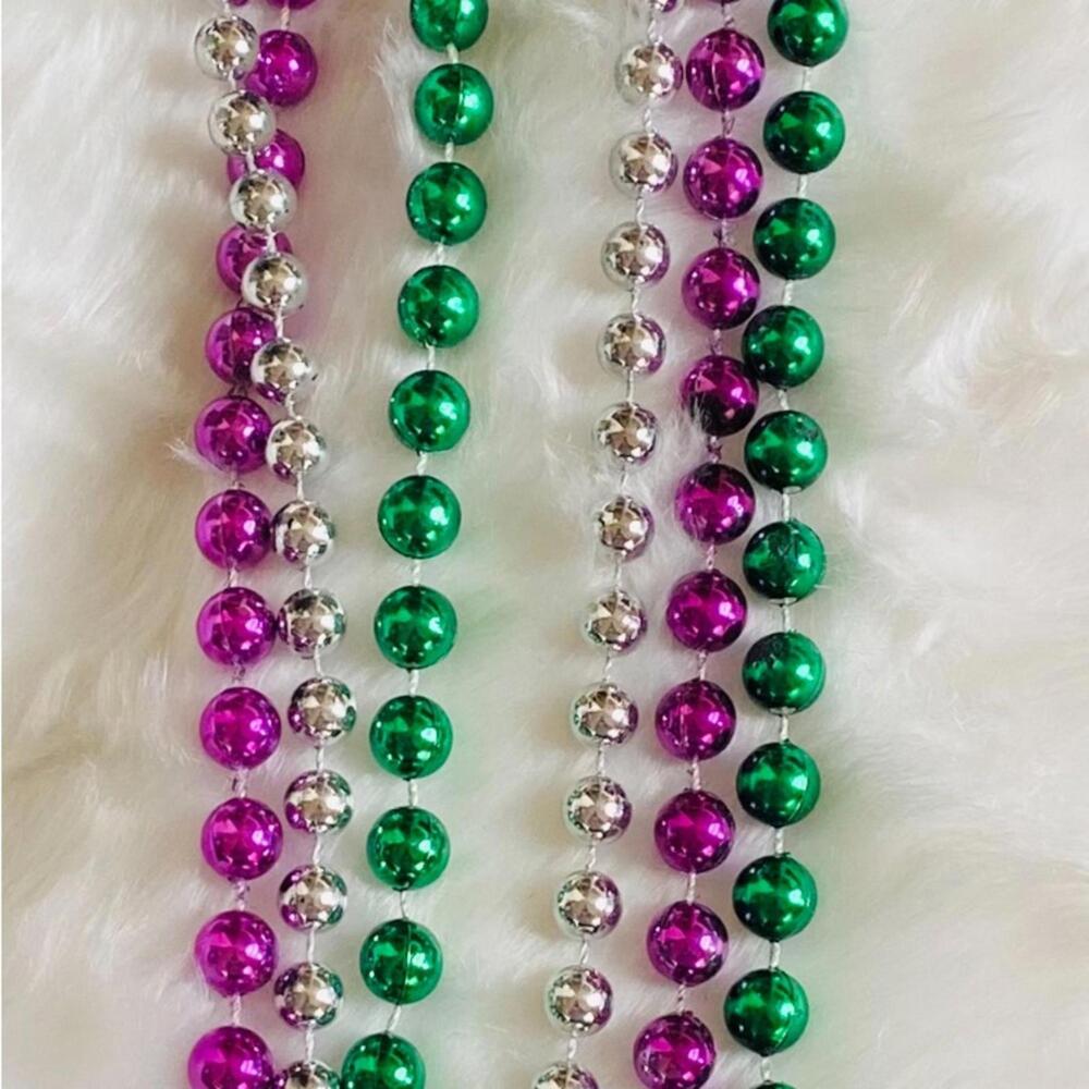 Set of Mardi Gras Large Bead Necklaces in Purple, Green, and Silver